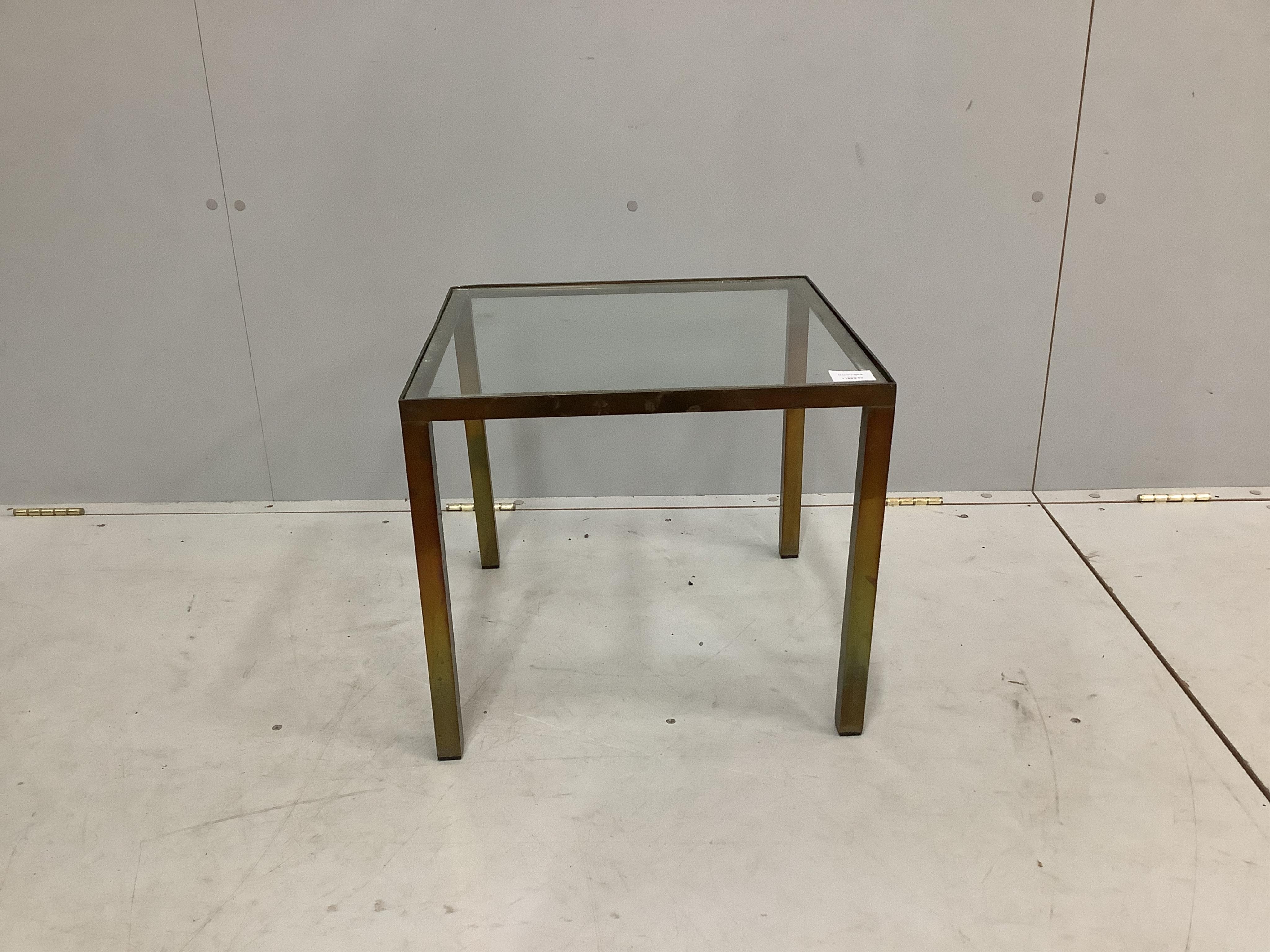A mid century brass framed glass topped square occasional table, 46cm, height 40cm. Condition - fair
